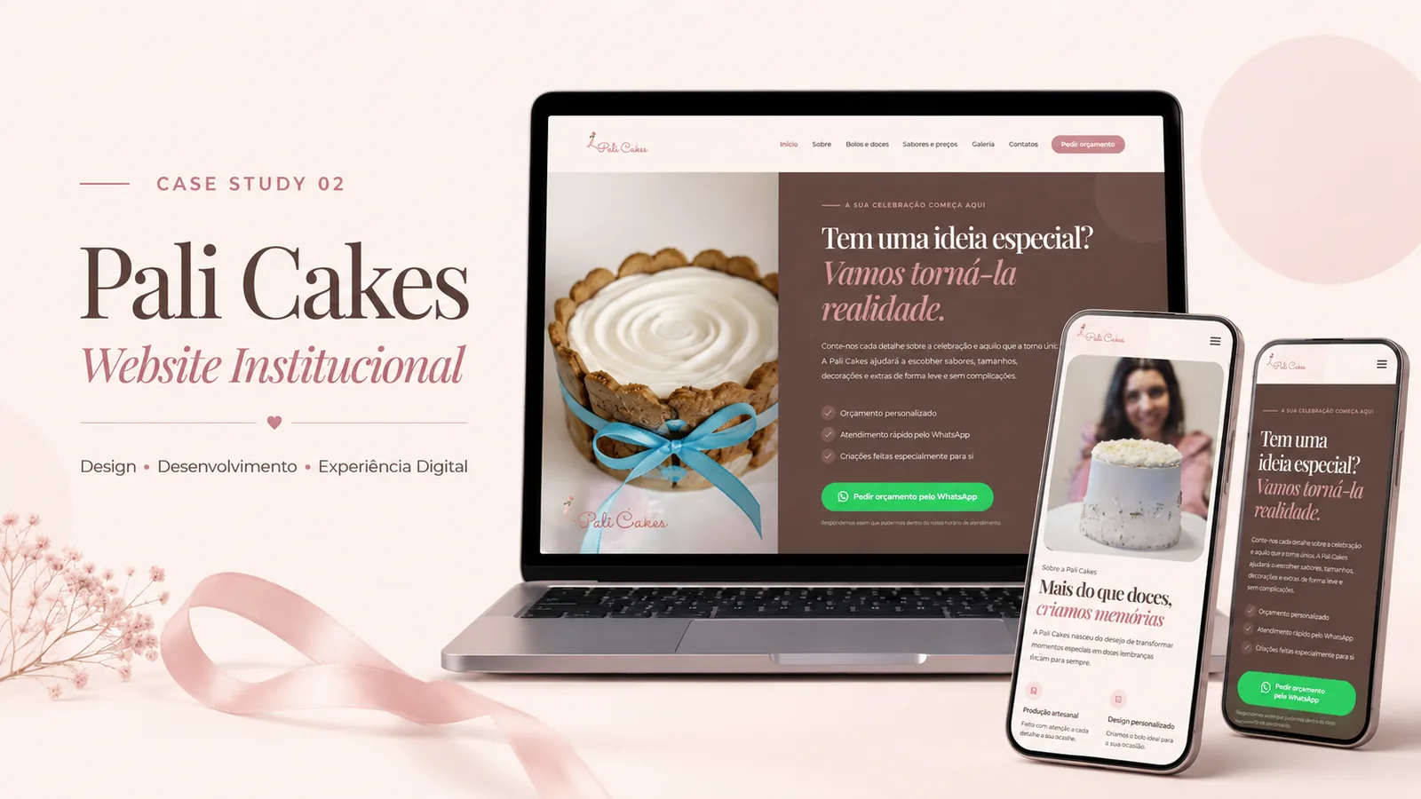 Website da Pali Cakes apresentado num notebook e em dois telemóveis