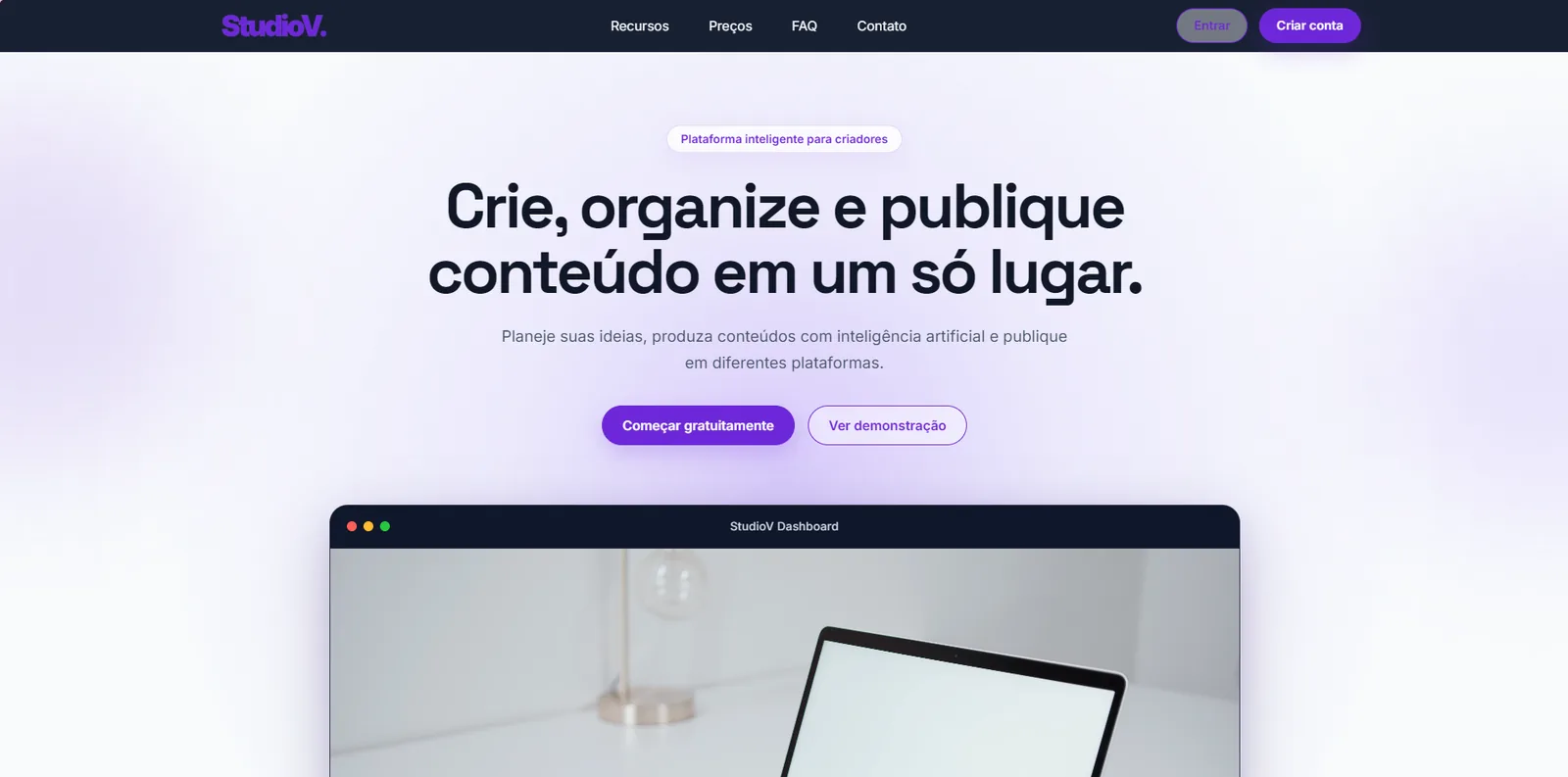 Página principal da plataforma de criação de conteúdo StudioV
