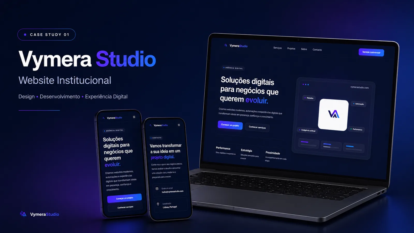 Website da Vymera Studio apresentado num notebook e em dois telemóveis